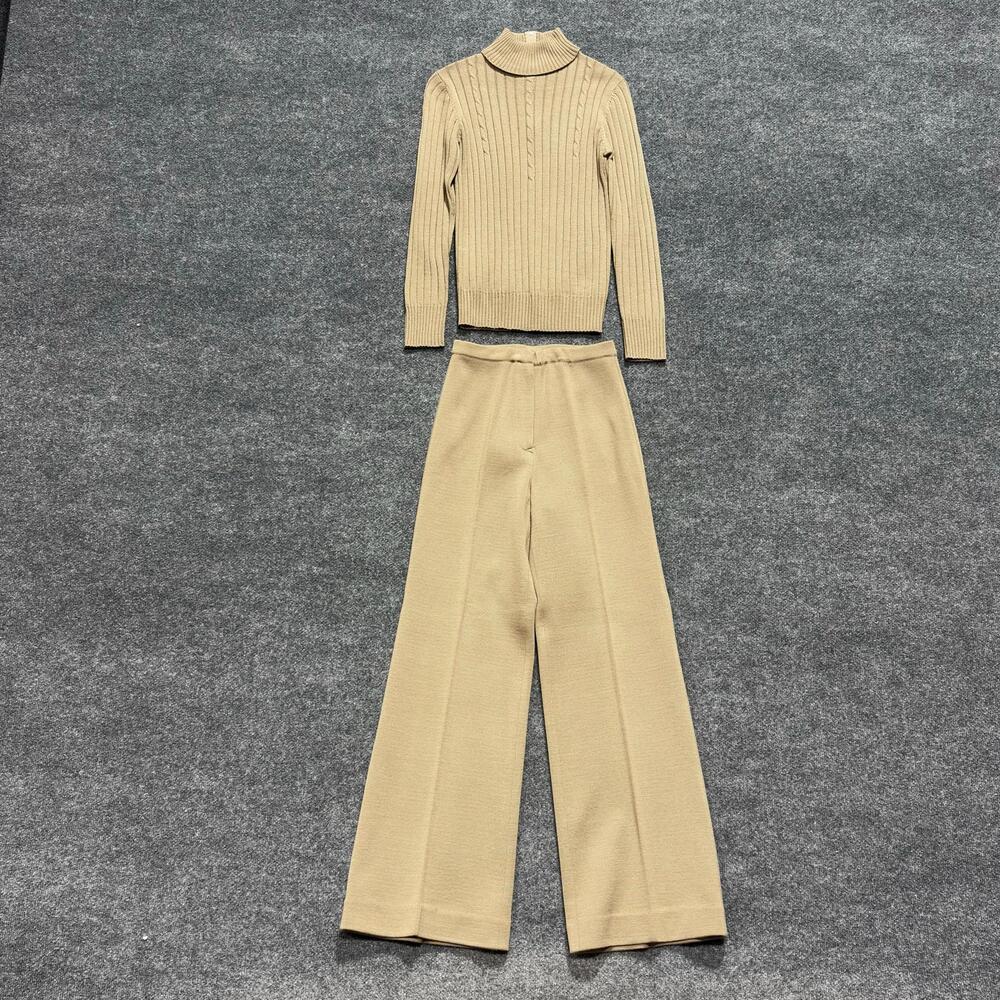 Vintage Knit Sweater Pants Set Womens 10 Brown 2 Piece Turtleneck Hong Kong 90s